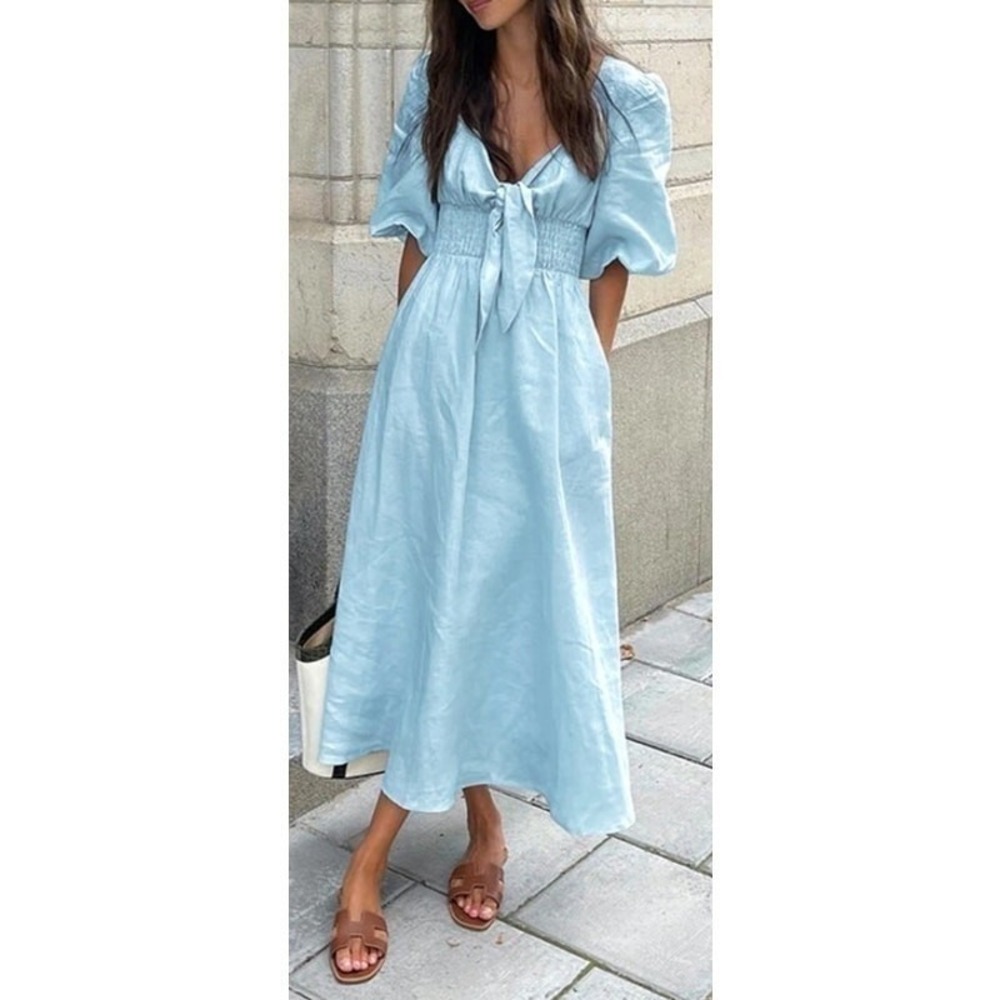Milkmaid Dress Blue Tie Front Puff Cottagecore Fairy Romantic Peasant MEDIUM